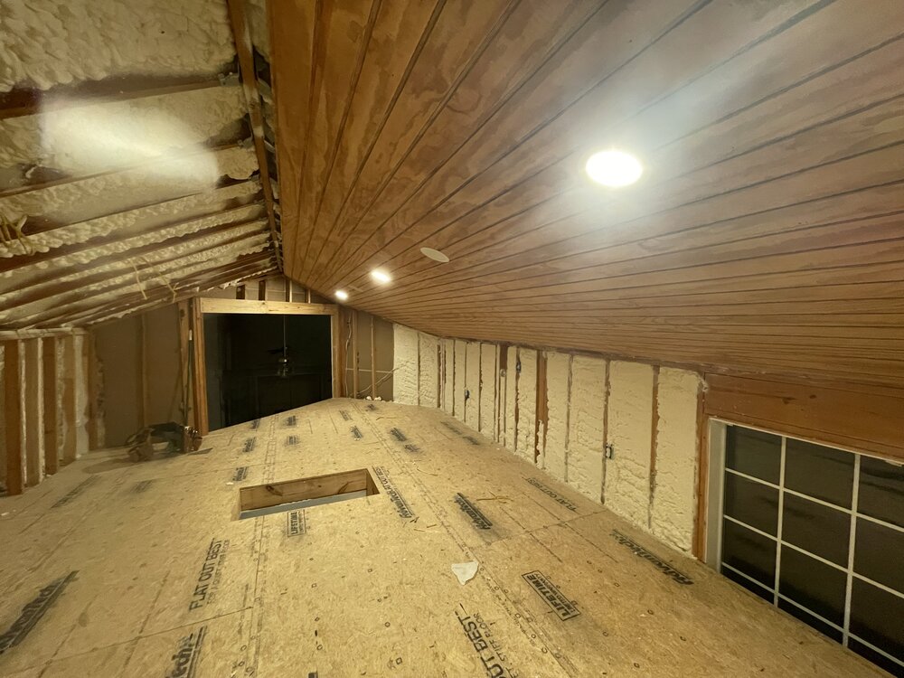 remodel now is installing beautiful wood paneling along the entire length of the attic ceiling and installing recessed ceiling lights